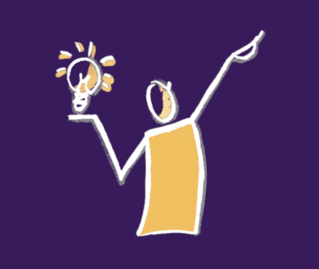 Selbst gezeichnete Figur, die in der einen Hand eine Glühbirne hält und mit der anderen Hand freudig in den Himmel zeigt, weil sie Superheldenkräfte hat