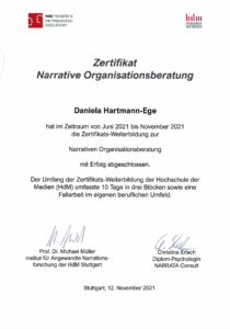 Narrativer Organisationsberater, durchgeführt und zertifiziert von der Hochschule der Medien (HdM) Stuttgart